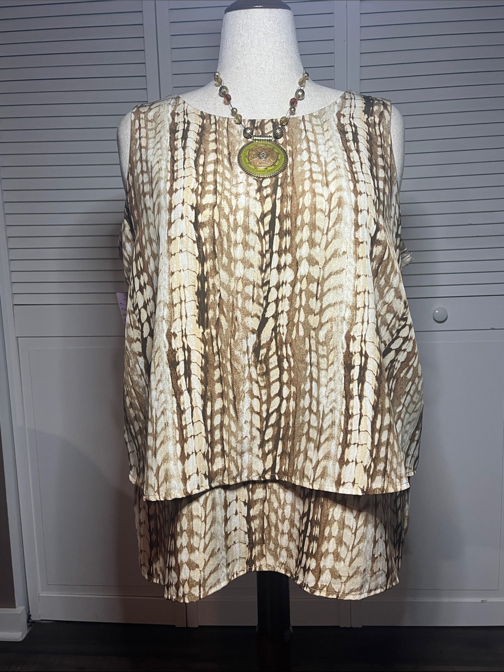 DG2 by Diane Gilman Sleeveless Layered Tank in Brown and Cream Feather Print